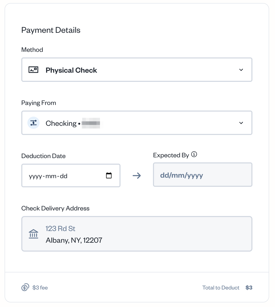 Payment details with physical check selected and fields to fill out.