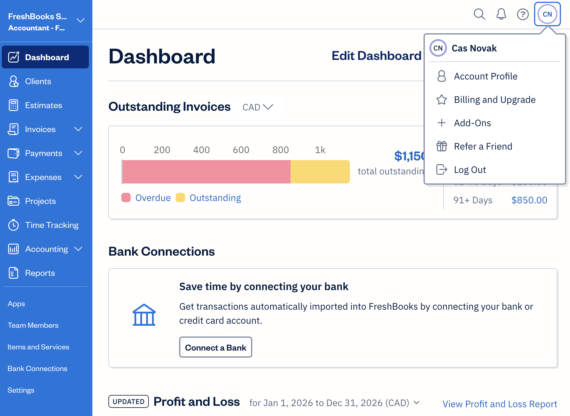 Navigation menu as an Accountant - Full Access user.