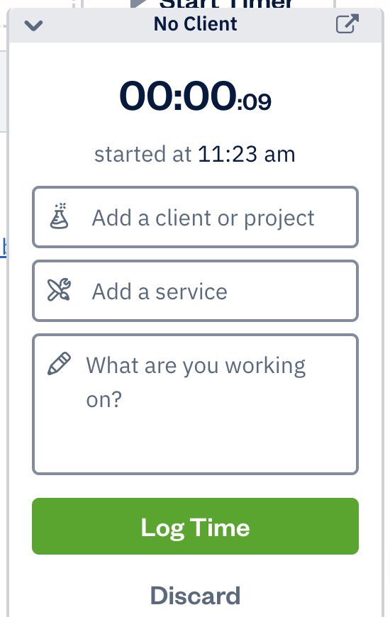 Start and end time timer running with fields to fill out.