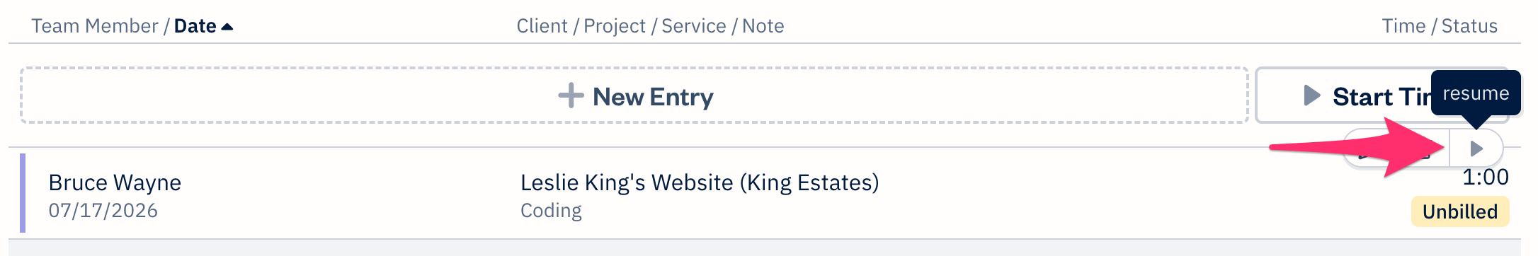 Resume button above time entry.