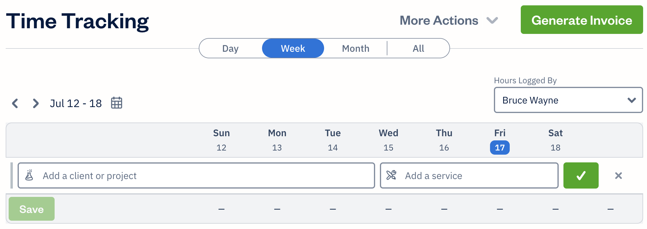 Week view with fields to enter a client or project, and to enter a service.
