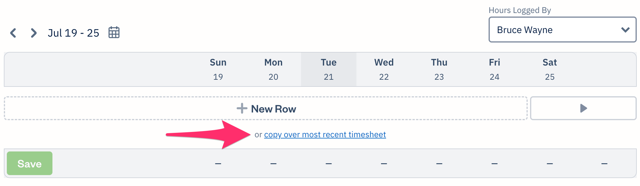 Week view with copy over most recent timesheet link at bottom selected.