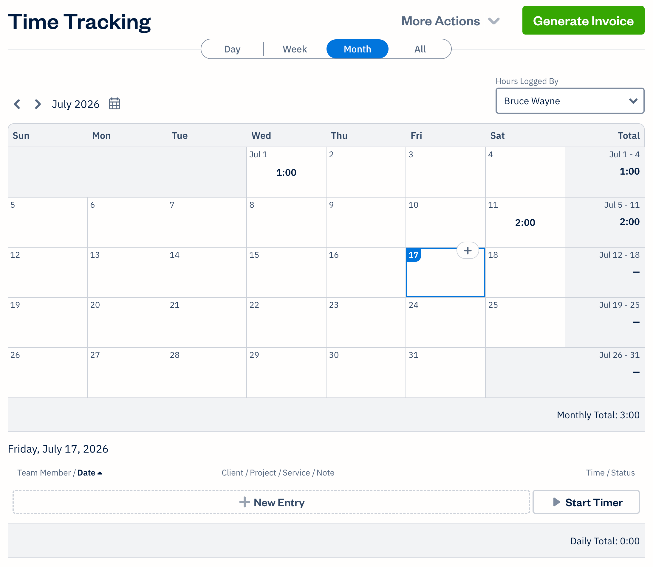 Month view with calendar above list of time entries.