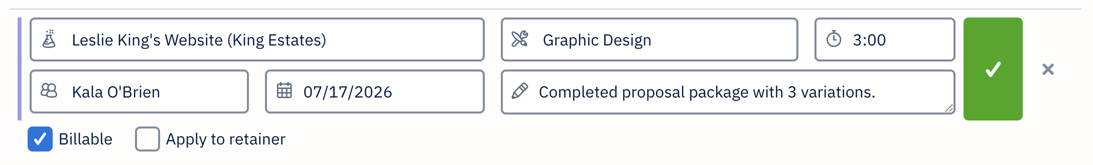 Time entry in edit view with editable fields.