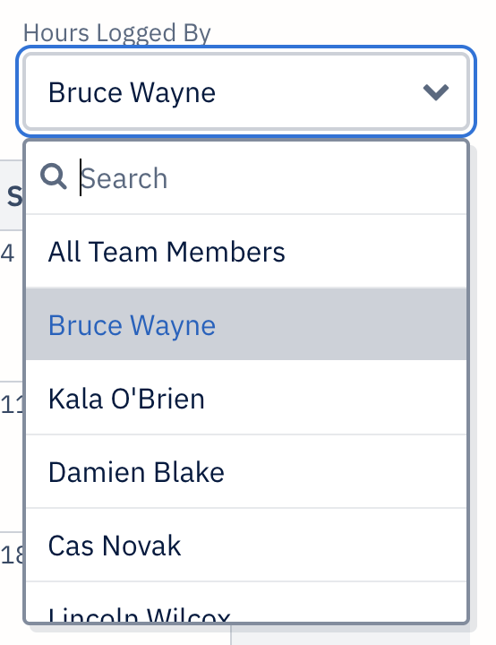 Hours logged by dropdown with team members listed to select from.