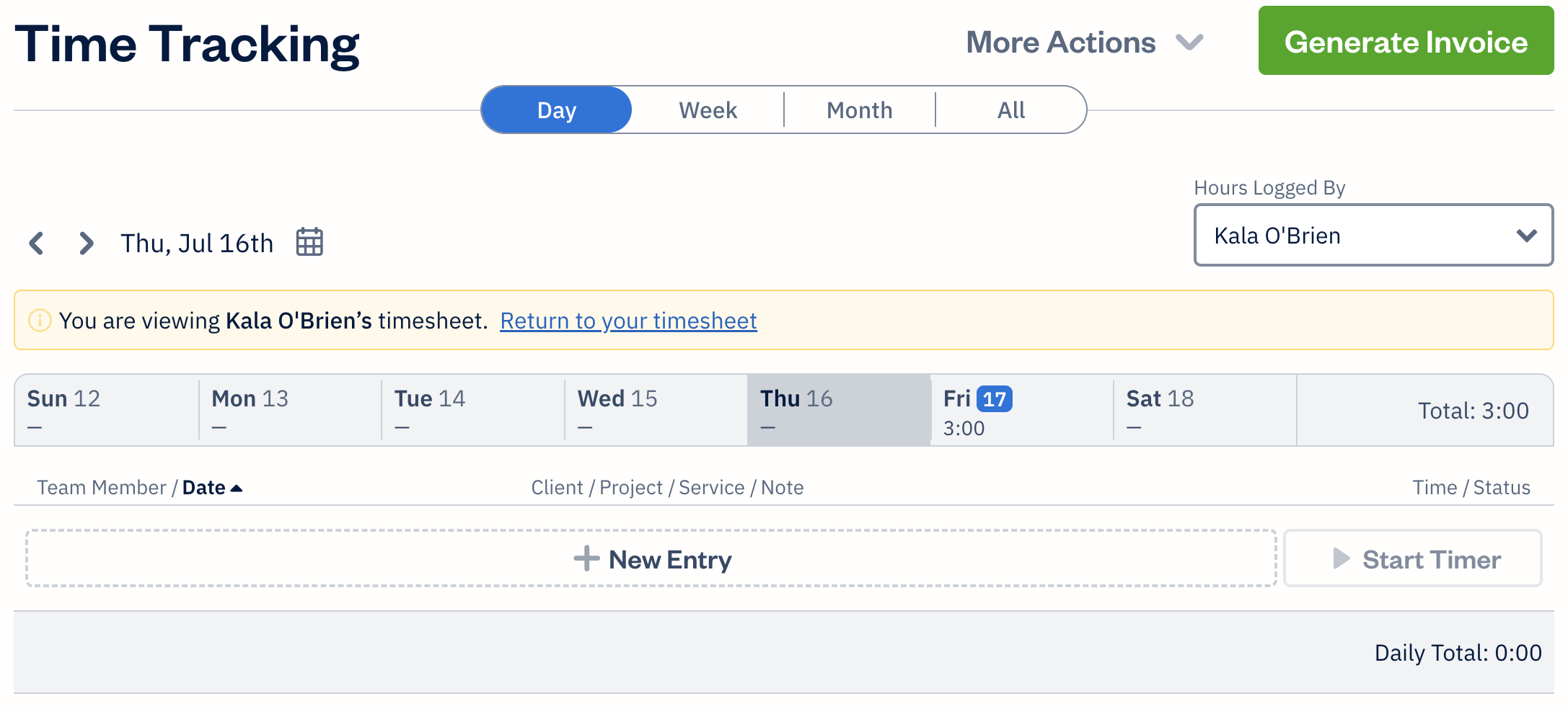 Day view with banner at top displaying "you are viewing Kala O'Brien's time sheet. Return to your timesheet" message.