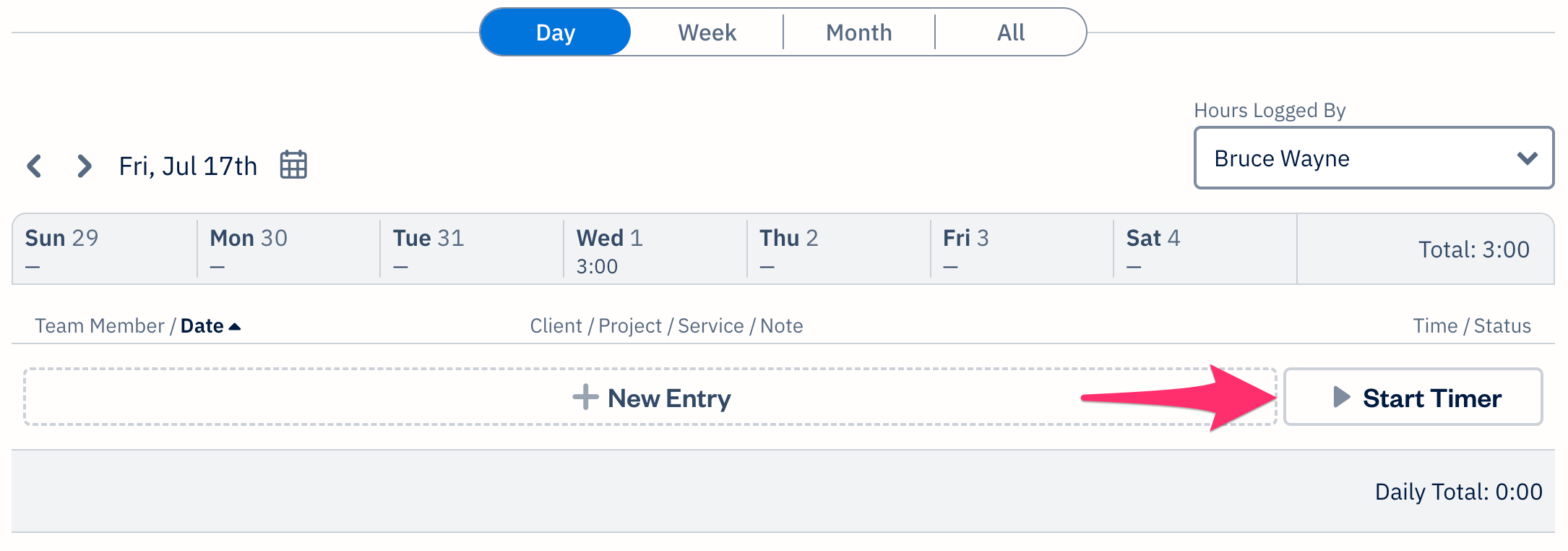 Day view with start timer button selected.