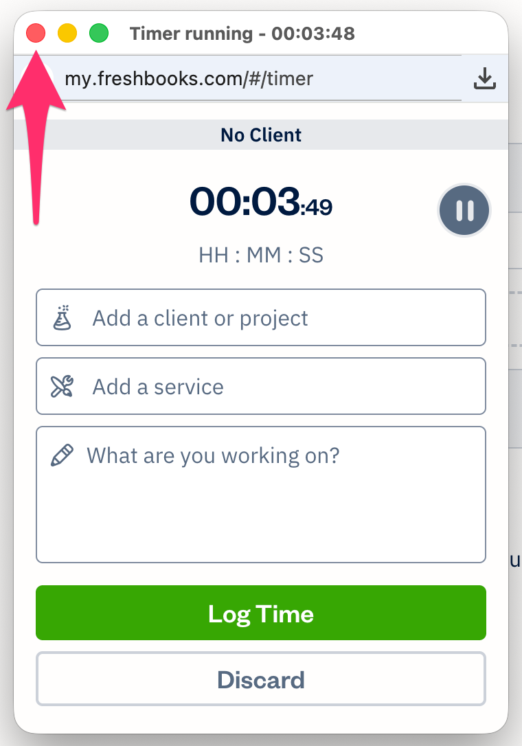 Timer in new window with X button selected.