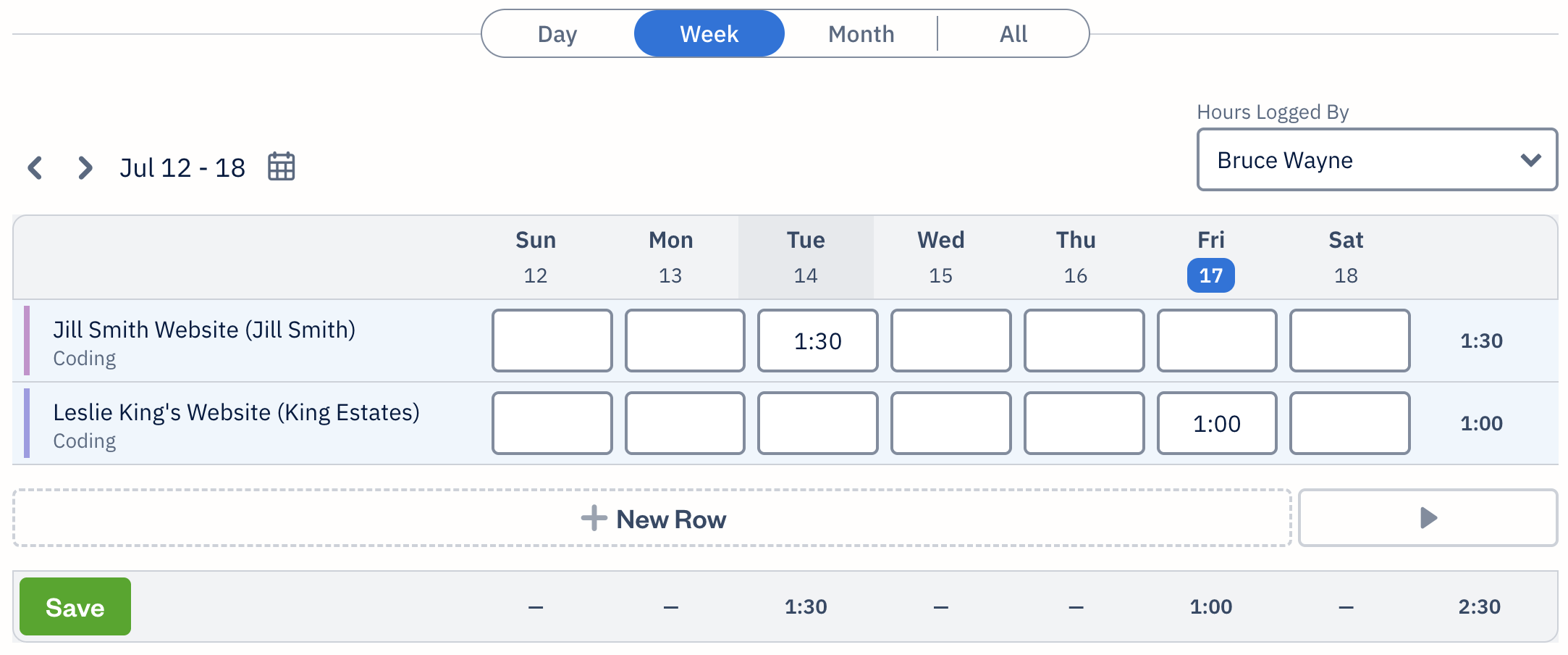 Week view with two rows for each client and service containing fields to fill out time tracked.