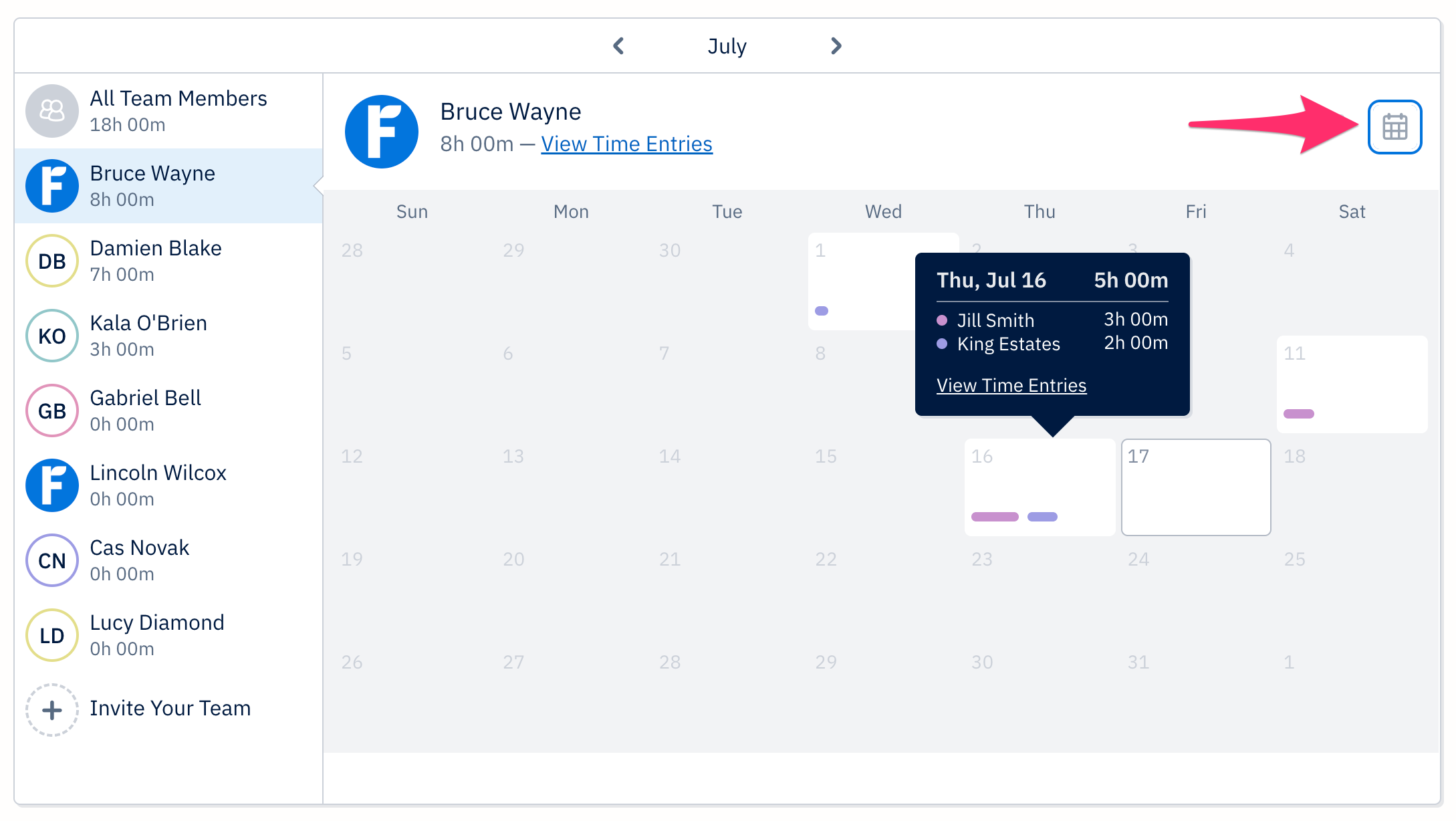Individual's summary on calendar view with calendar icon selected, and one day highlighted with extra information displayed.