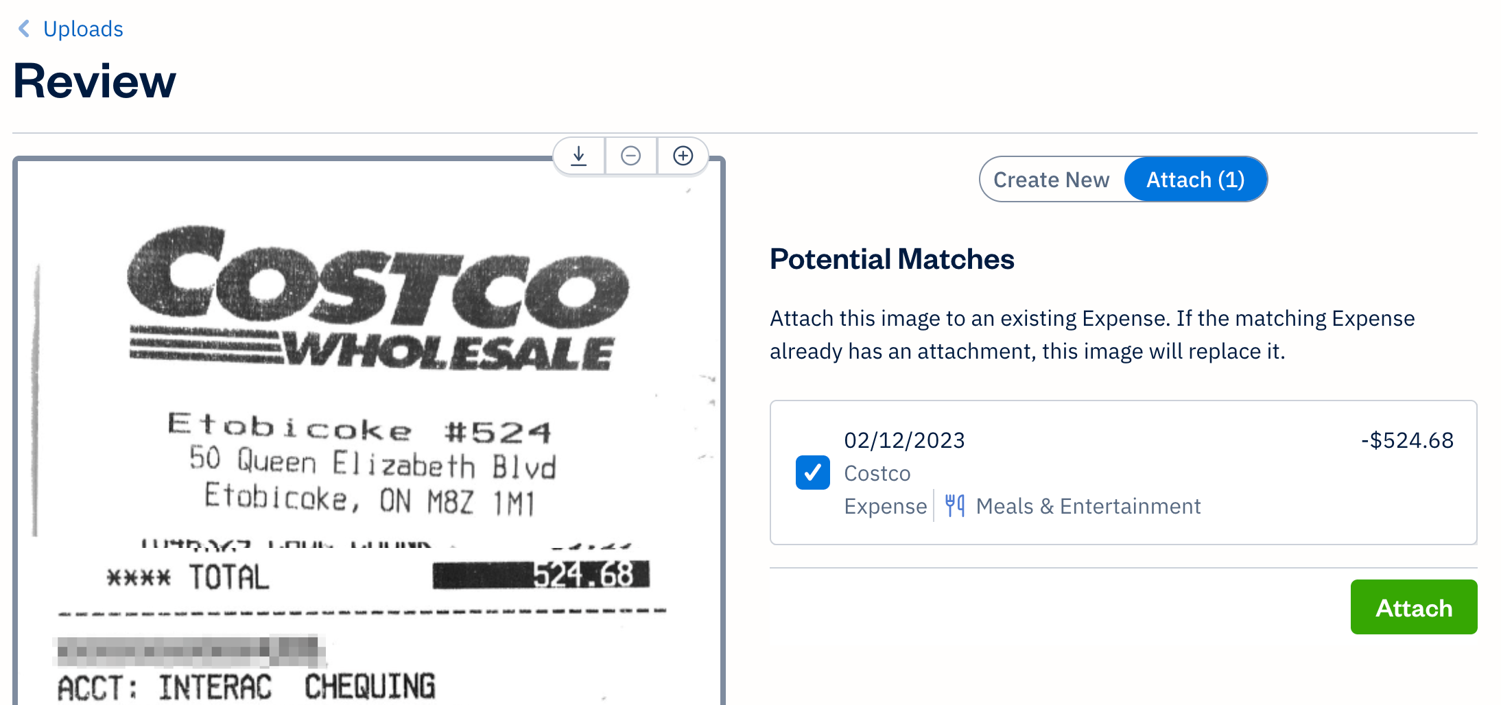 Review page with receipt uploaded on the attach sub-tab with an existing expense selected as a potential match.
