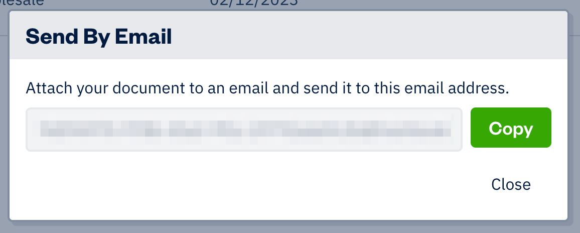 Send by Email pop-up with email address shown to copy.