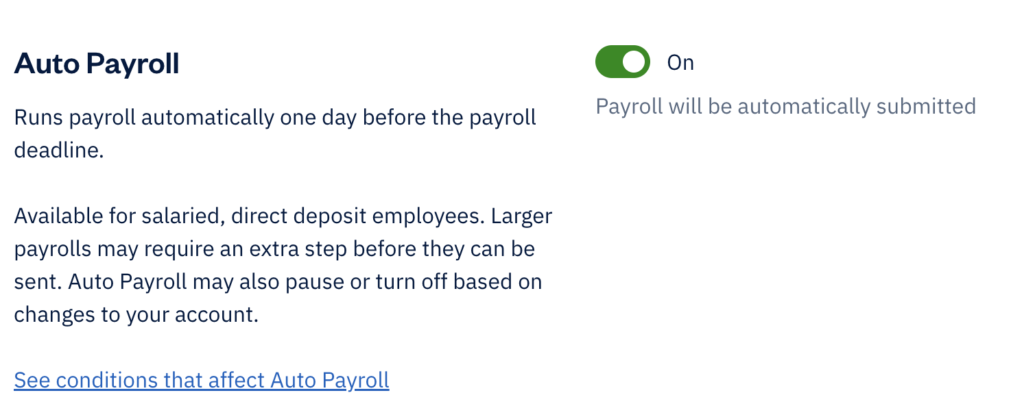 Auto payroll section with toggle set to on.