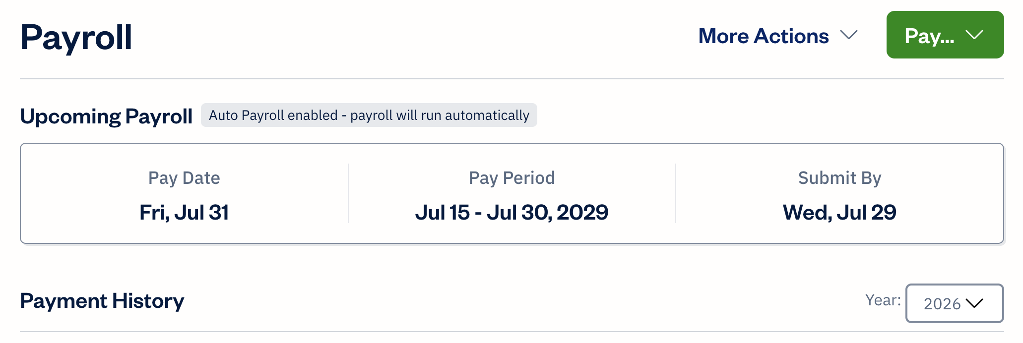 Payroll section with Auto Payroll enabled banner visible next to upcoming payroll.