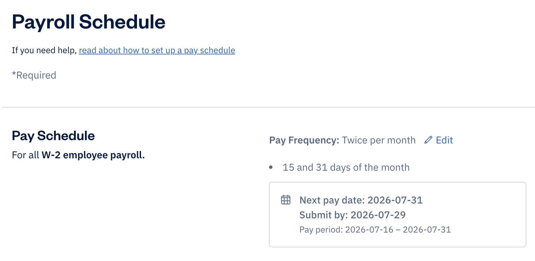 Payroll schedule with pay schedule details available.