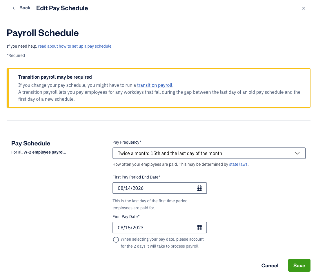 Pay schedule with warning message about transition payroll may be required displayed above the fields.