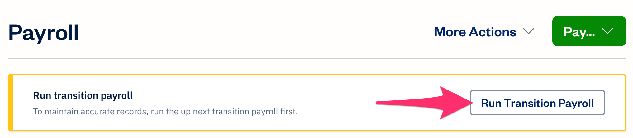 Run transition payroll banner in payroll section.
