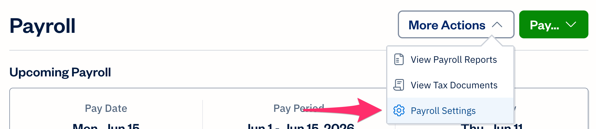 Payroll section with more actions button displaying options and payroll settings selected.