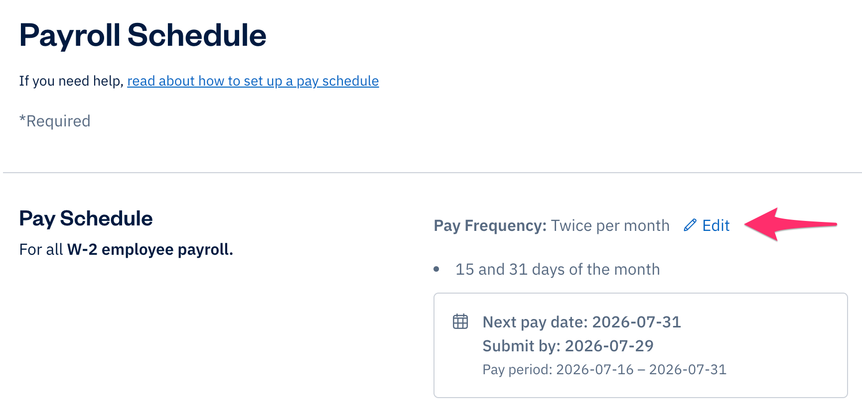 Payroll schedule with edit link selected next to pay frequency.
