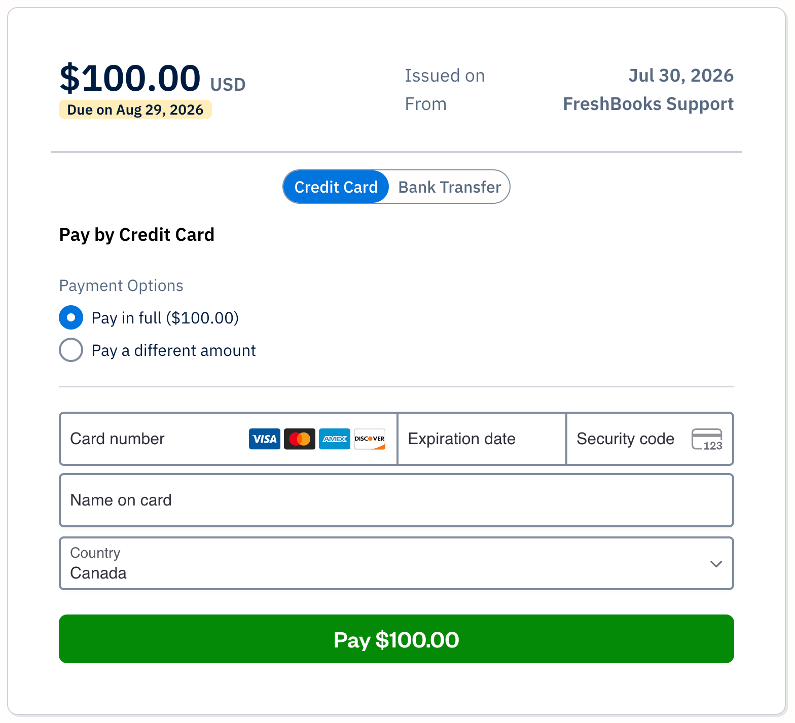 Credit card sub-tab selected with fields to fill out for credit card payment.