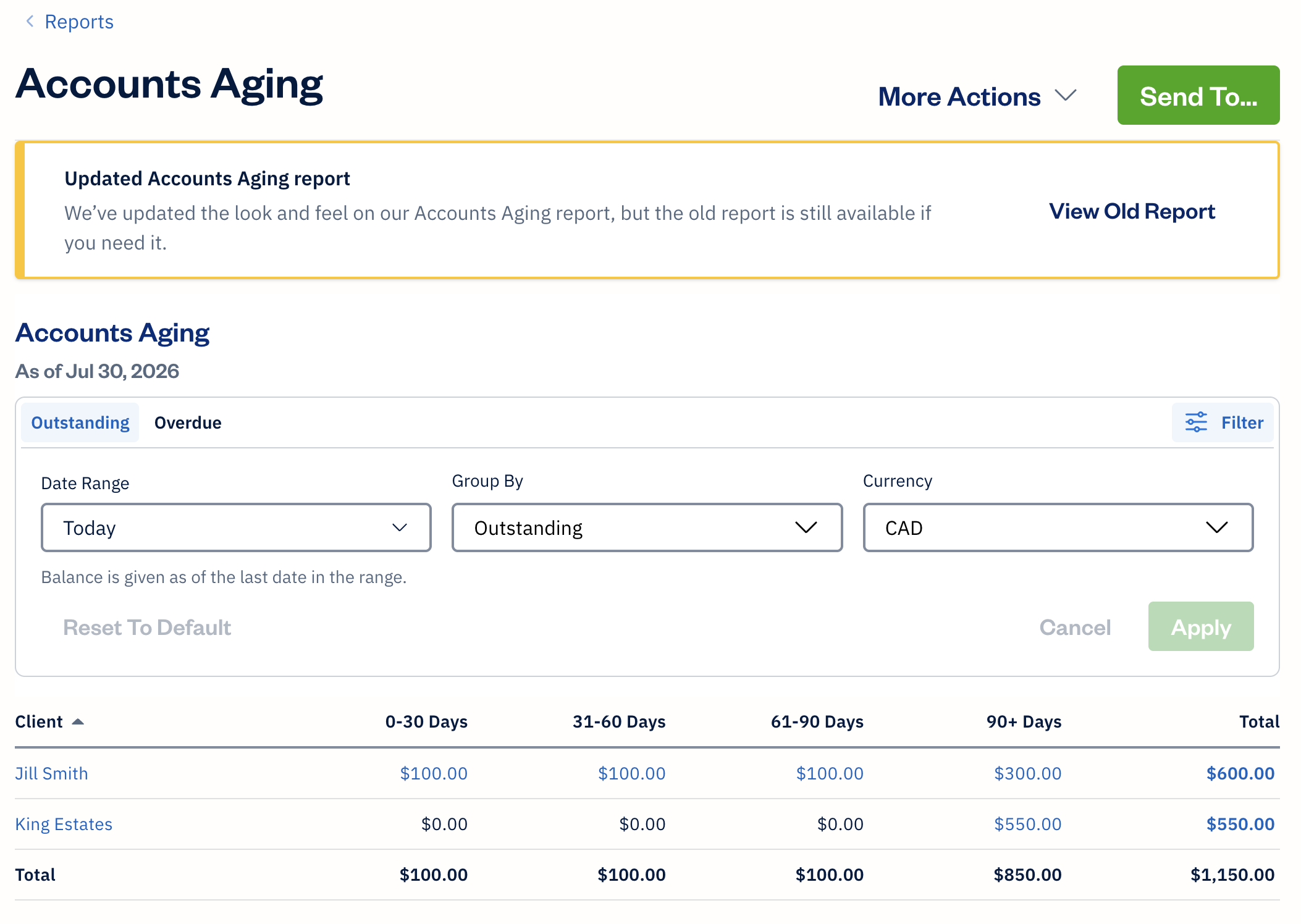 Accounts aging report with filters displayed