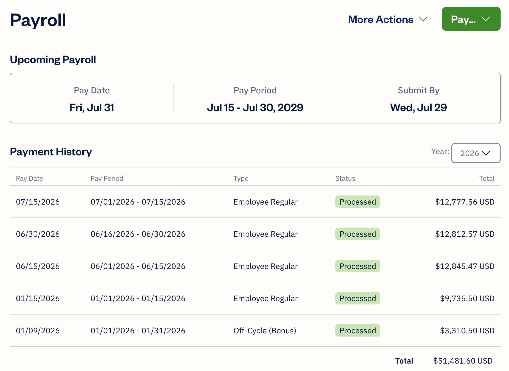 Payroll section list of payments and run button at the top right corner.