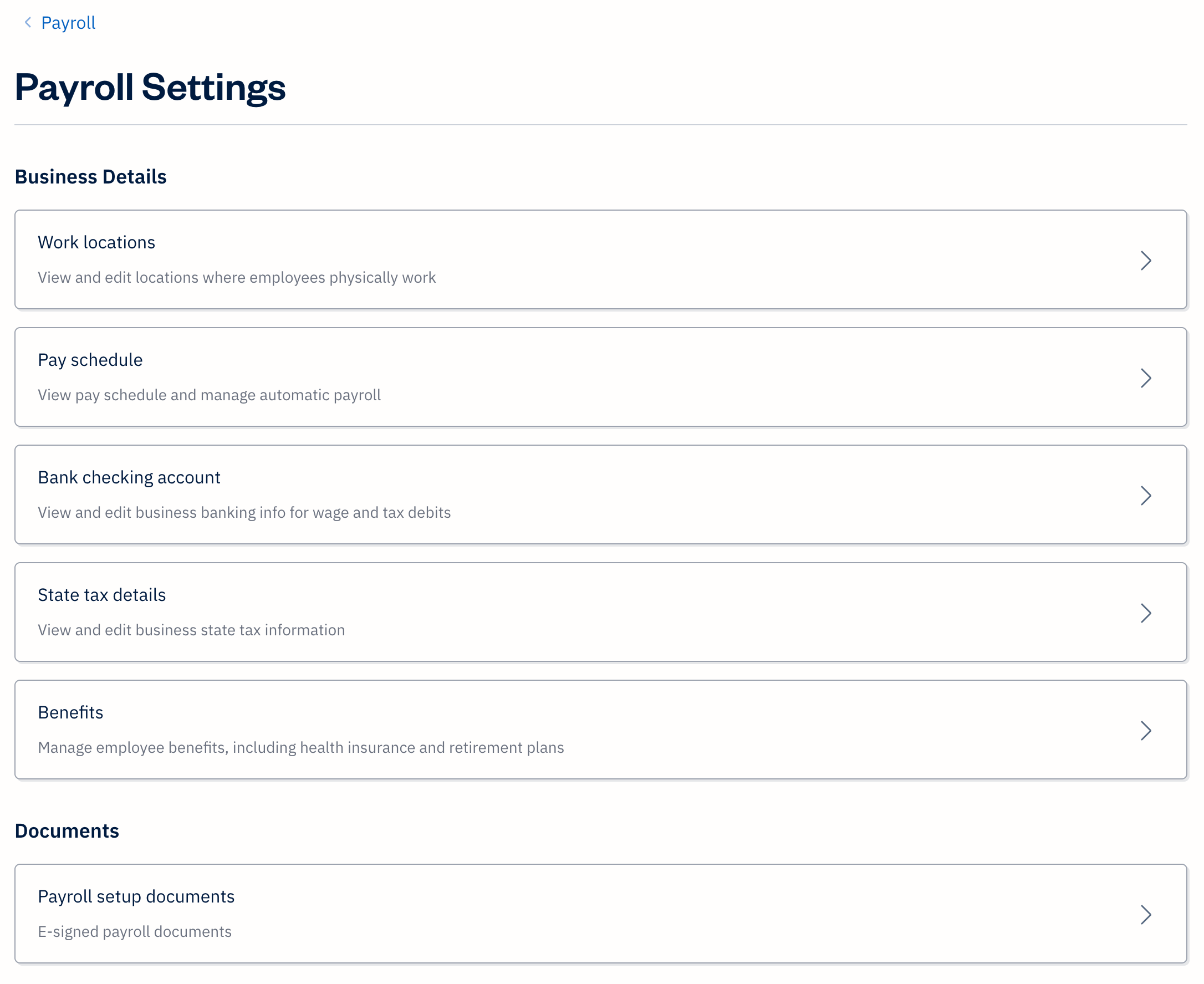 List of payroll settings.