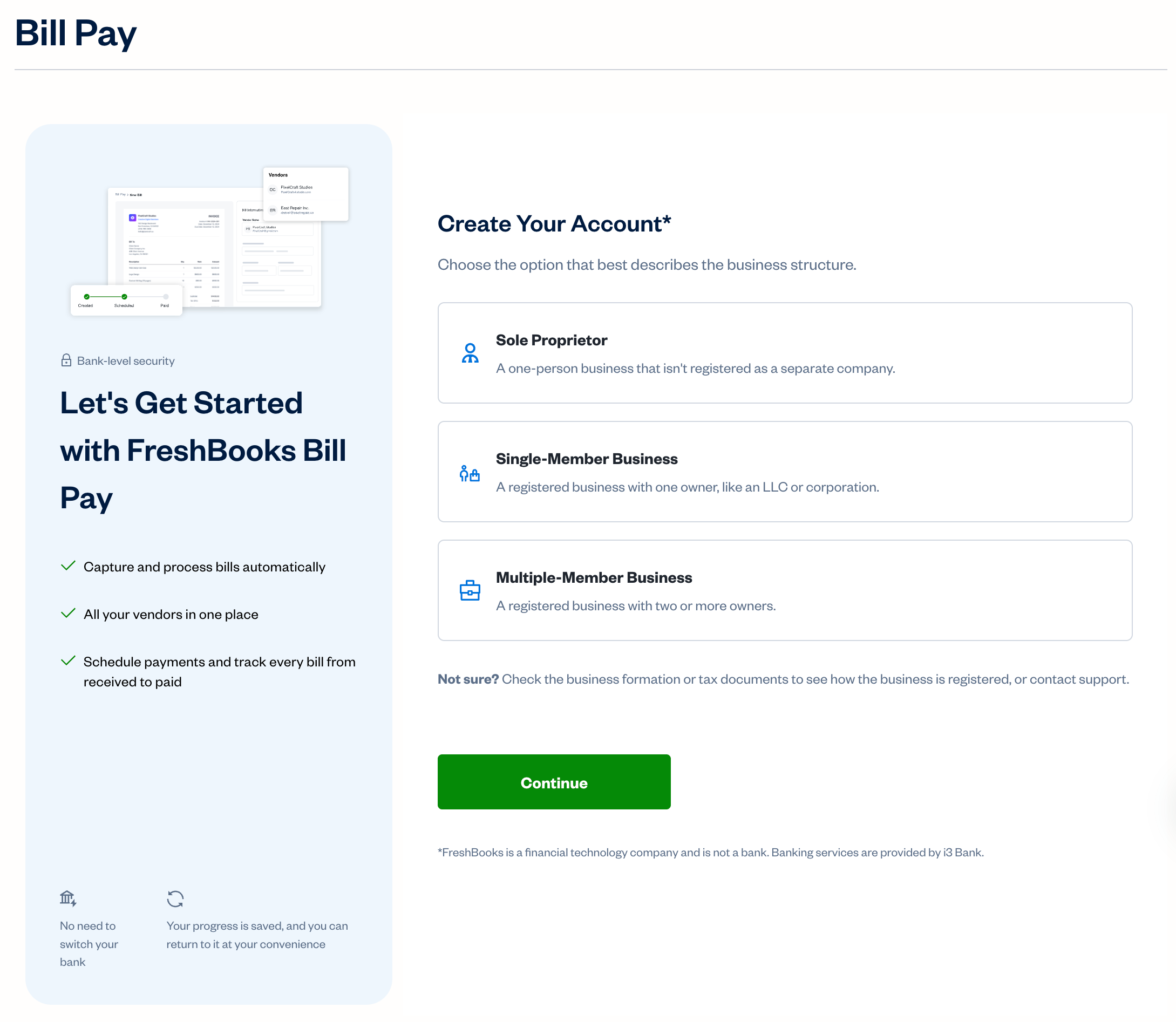 Let's get started page with three options for creating an account based on business structure.