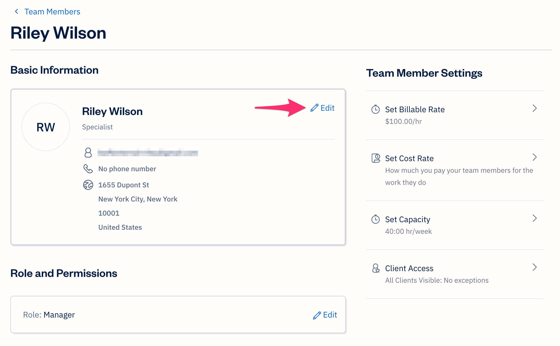 Team member profile with edit link selected next to their name.