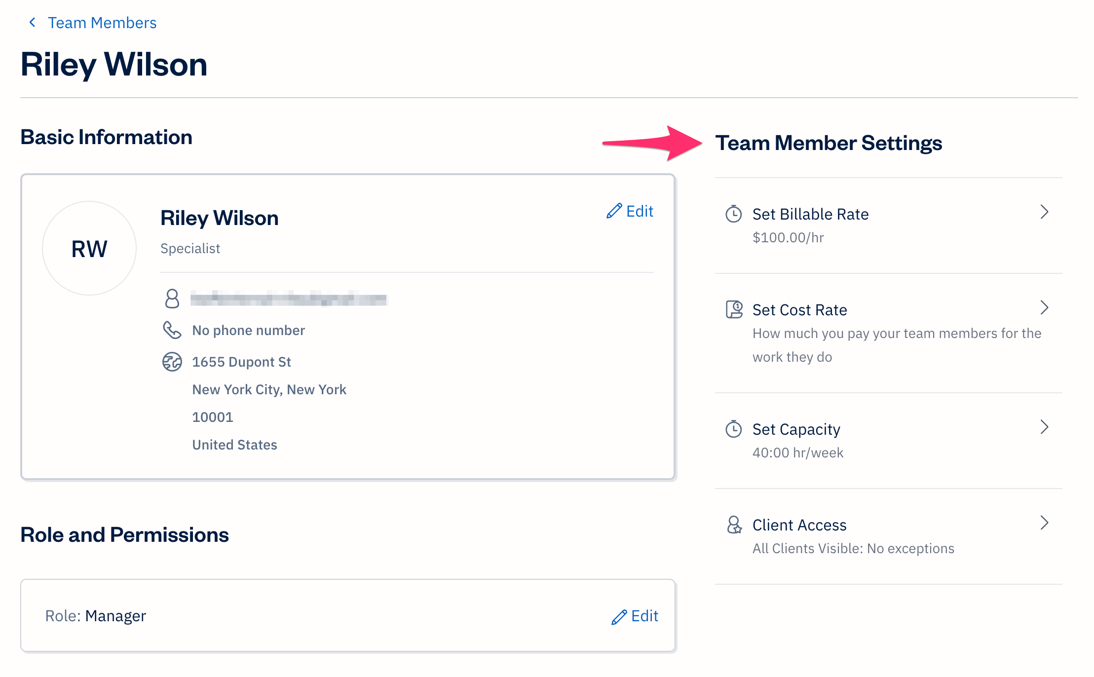 An invited team member profile showing details, settings, and role type.