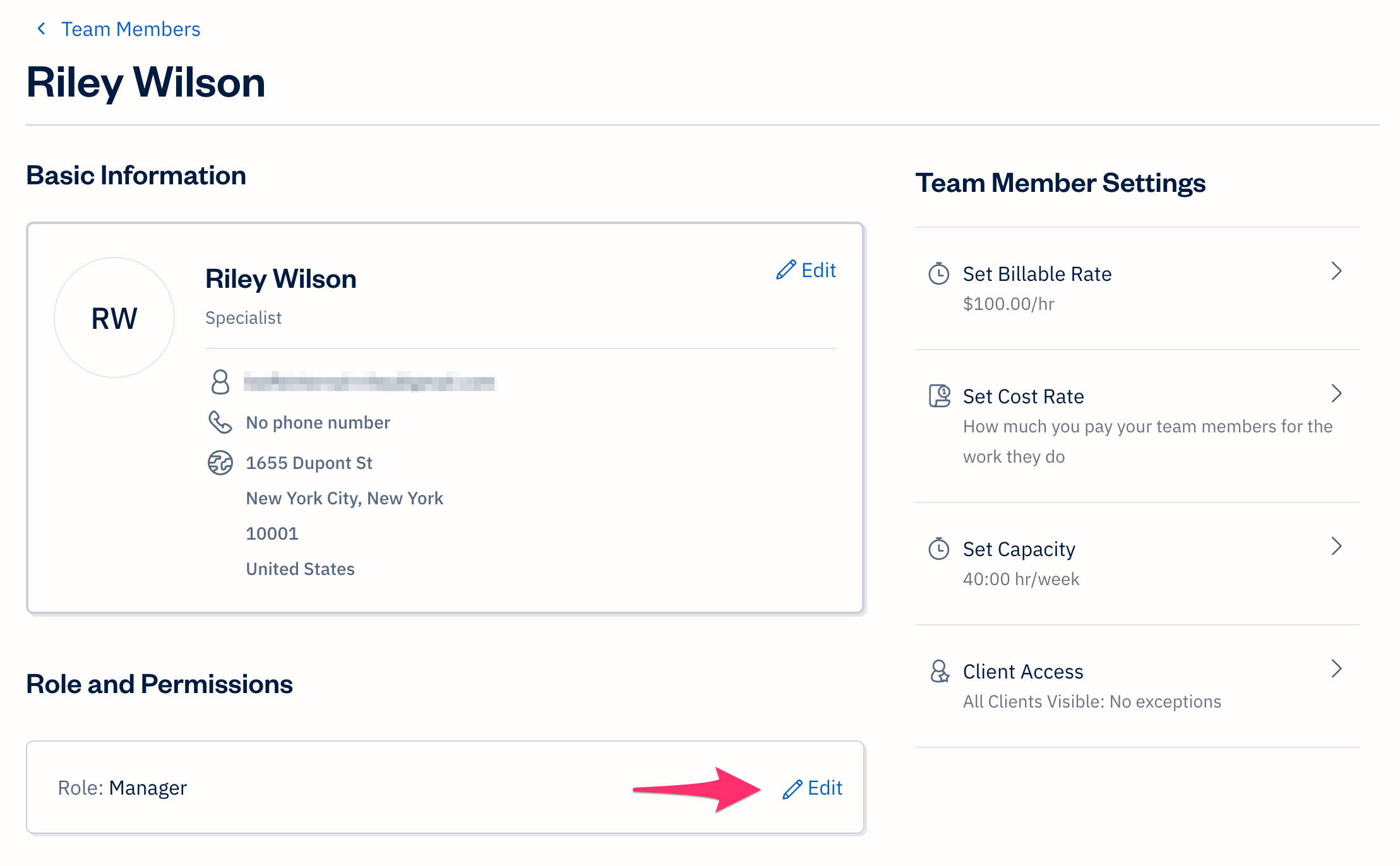 Team member profile with edit button selected under roles and permissions.